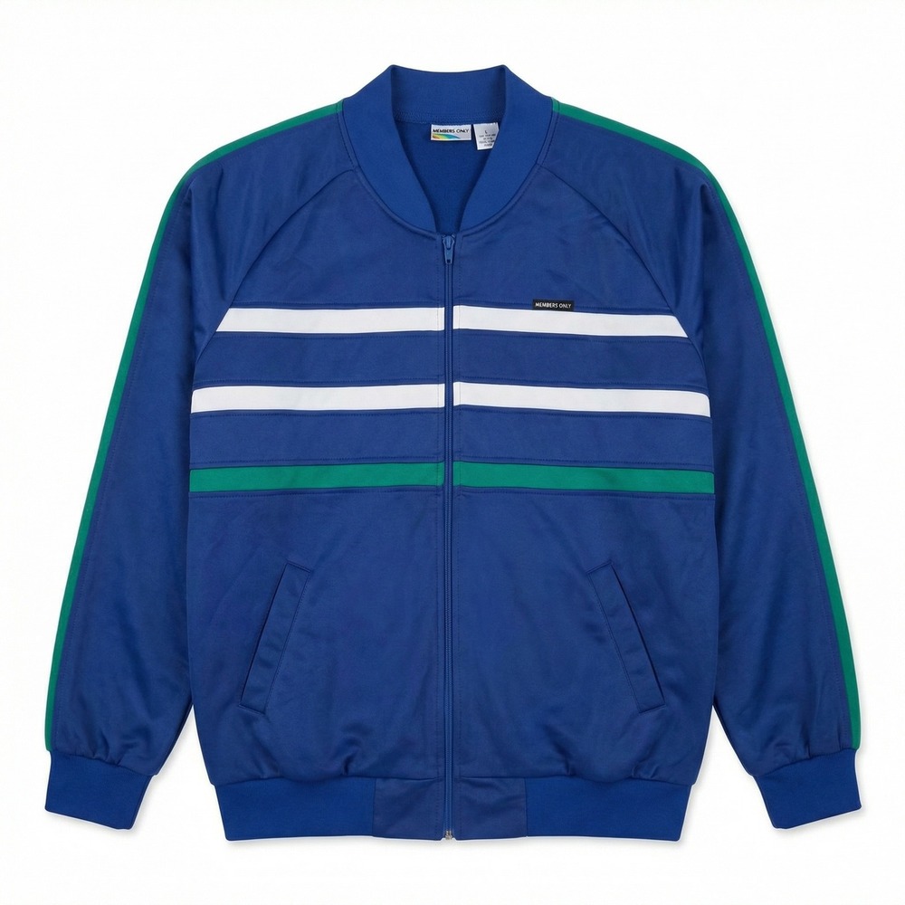 VTG Members Only Blue Track Jacket Men L Green White Stripes Zip Retro 80s 90s